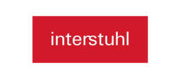 Interstuhl logo: white lowercase 'interstuhl' text on a red rectangular background.